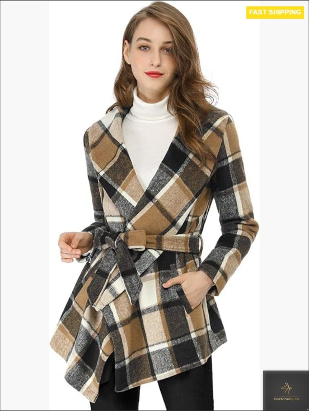 Turn Down Collar Asymmetric Hem Plaid Wrap Coat Long Sleeve Belted